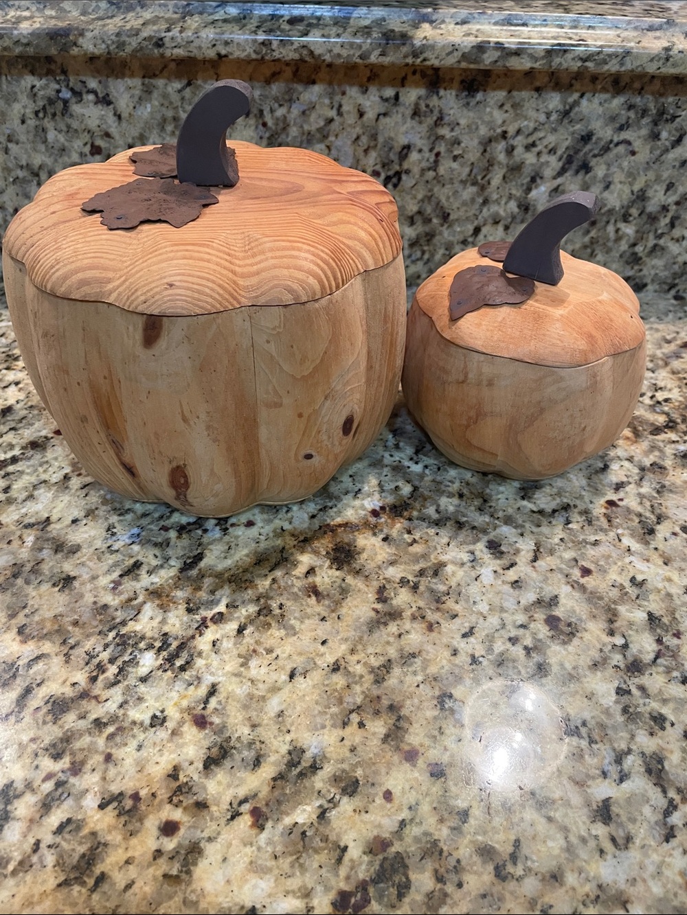 Pier 1 Wooden Pumpkin Canister Set - Natural Wood and Dark Brown Accents